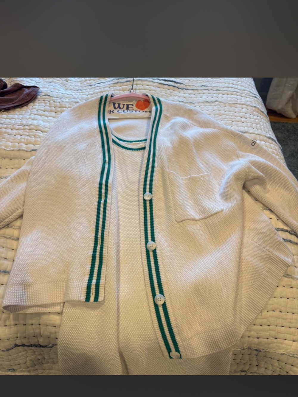 Alo set White Knit Cardigan with Green Stripe Trim